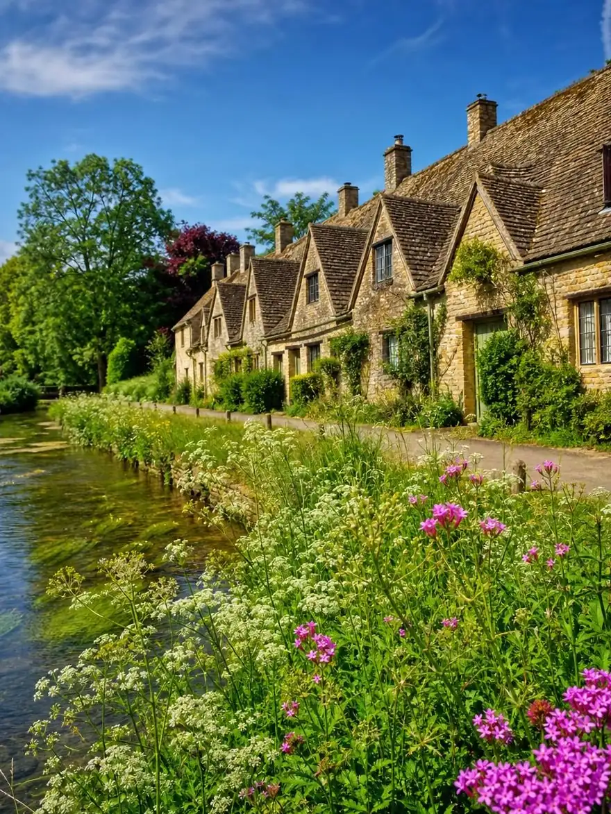 Weberhäuschen aus honigfarbenem Stein an einem Bach in den Cotswolds an einem sonnigen Tag