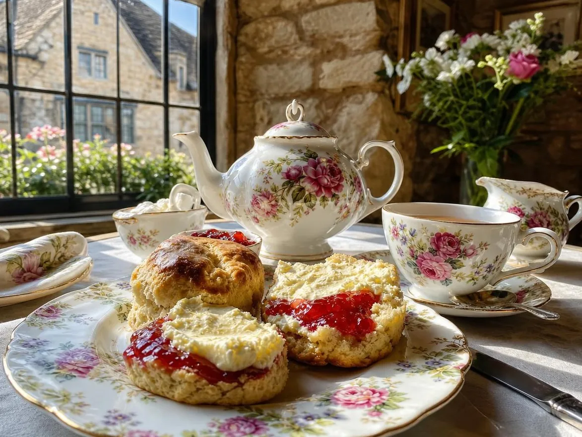 Scones mit Clotted Cream und Marmelade und eine Teekanne mit Blumenmuster in einer Teestube mit Steinmauern